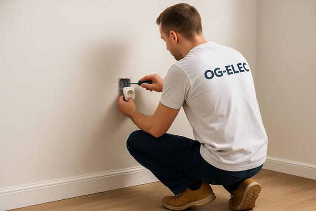 Électricien OG-ELEC raccordant une prise murale dans un logement particulier