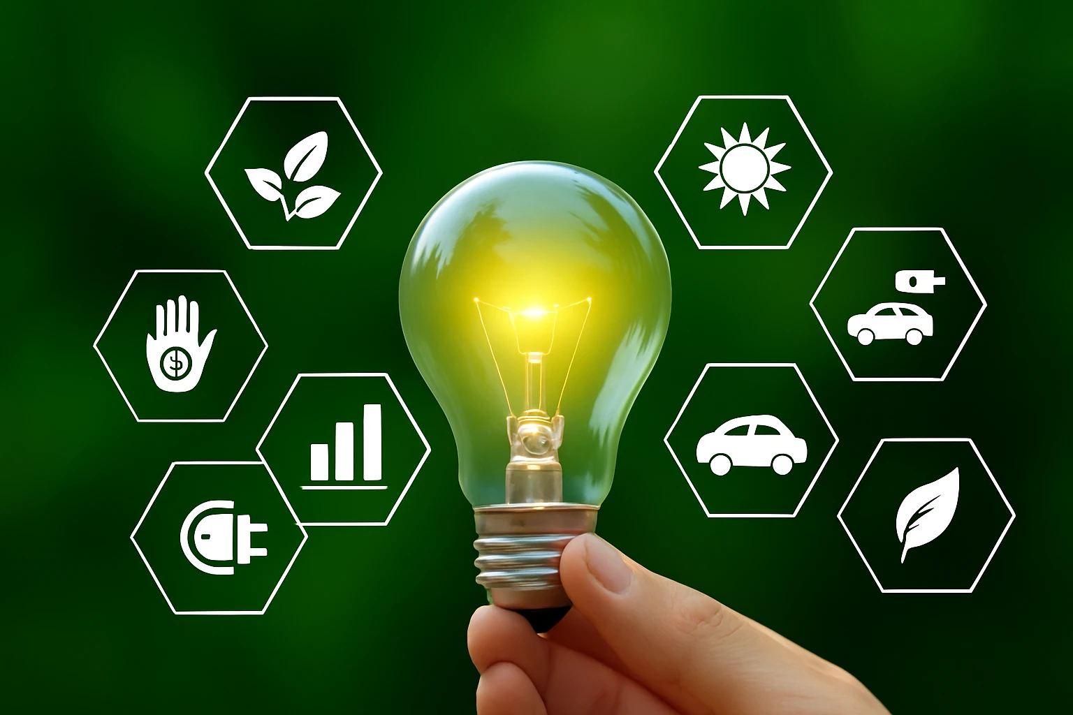 A hand holding a glowing lightbulb with icons representing sustainability, renewable energy, and green technology in the background.